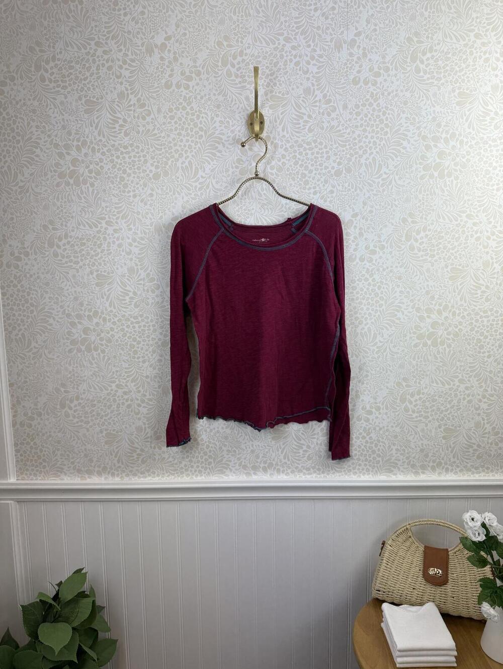 Natural Life Burgundy with Blue Stitching Cotton Long Sleeve Tee - Size - Large